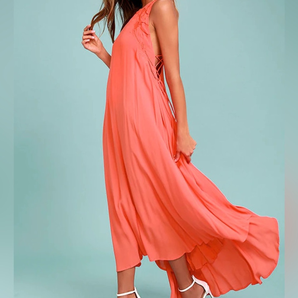 ASTR the Label Victoria Coral Pink Lace-Up Embroidered Midi Dress